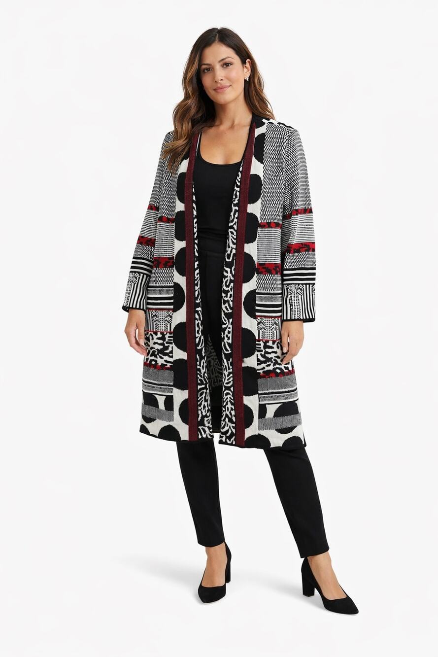 Chico's Open Front Knit Cardigan XL Black Red Size 3 Artsy Eclectic Dark Boho